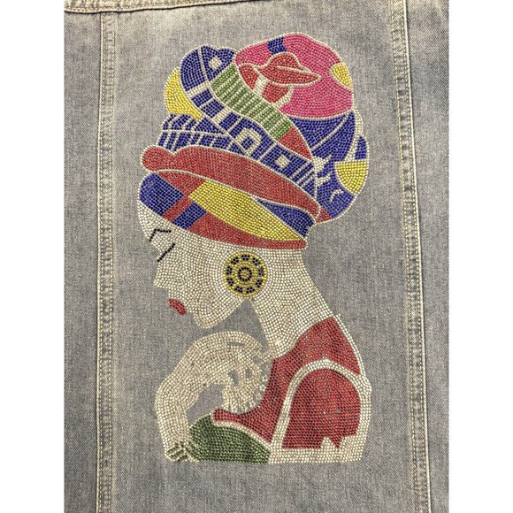 Light Blue Distressed Long Duster Denim Jacket Dress Rhinestone Graphic Size M - Picture 3 of 5